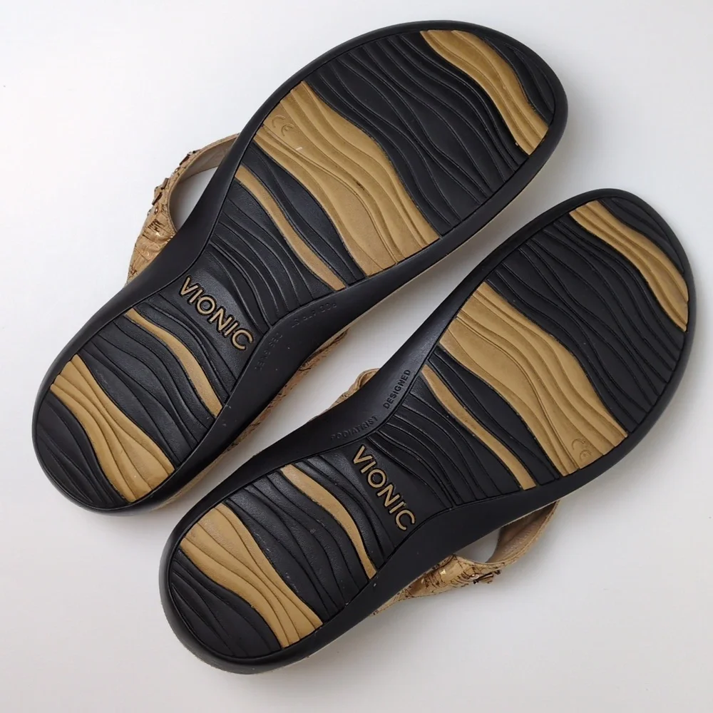 Vionic Floriana Tan Cork Embellished Suede Thong Flip Flop Sandals Women's 9